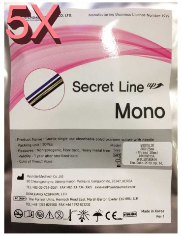 5 pakker Secret Mono Threads Biostimulants Mono Filament - 100 stk. Biostimuleringstråde Hyundae Meditech MONO-PACK5