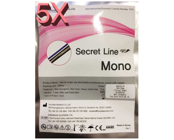 5 pakker Secret Mono Threads Biostimulants Mono Filament - 100 stk. Biostimuleringstråde Hyundae Meditech MONO-PACK5