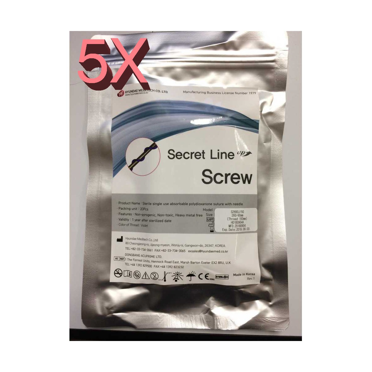 5 paquetes de Hilos Estéticos en Espiral Secret Screw en PDO 100 piezas Cables de Suspensión y Soporte Hyundae Meditech SCREW...