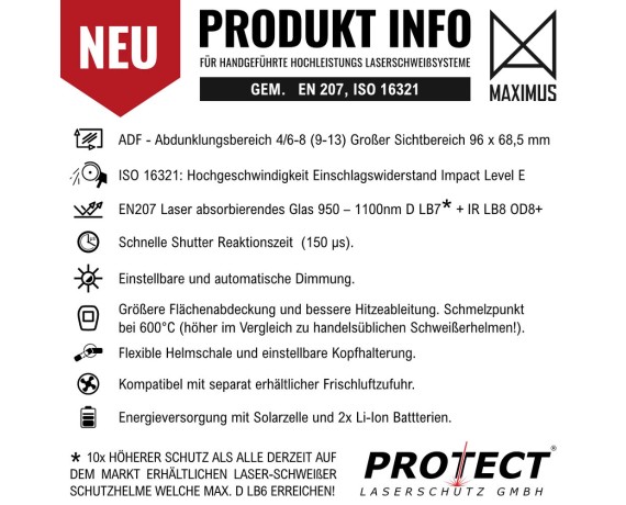Casque de protection pour soudage laser MAXIMUS Casque de soudage laser Protect Laserschutz 400-HELM-LASER-WELD